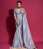 Light Blue Woven Self Design Organza Bollywood Sarees With Blouse