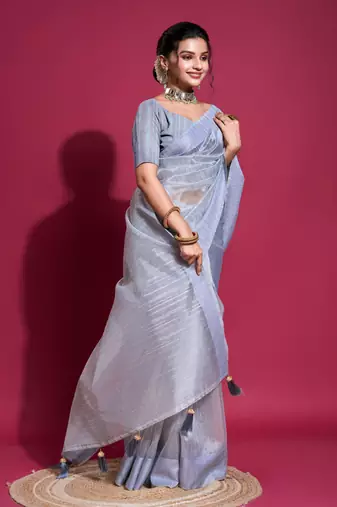 Light Blue Woven Self Design Organza Bollywood Sarees With Blouse