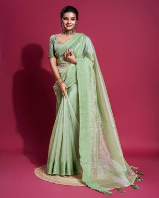 Pista Woven Self Design Organza Bollywood Sarees With Blouse 1