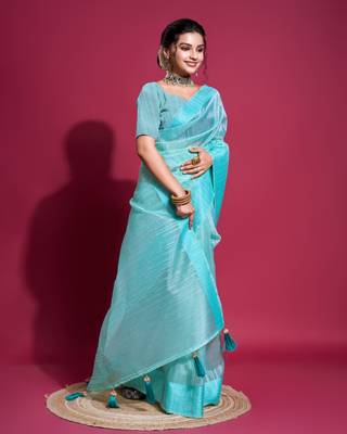 Firozi Woven Self Design Organza Bollywood Sarees With Blouse 2