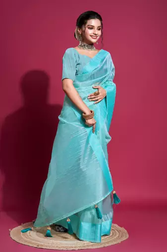Firozi Woven Self Design Organza Bollywood Sarees With Blouse