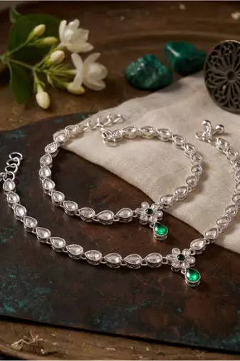 Traditional Silver Plated Kundan Anklets Girls Women