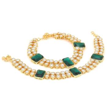 traditional bridal anklets payal embellished with green stones & faux kundans for women/girls (a016g) 2