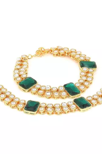 traditional bridal anklets payal embellished with green stones & faux kundans for women/girls (a016g)