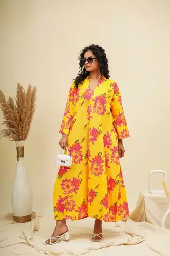 Yellow pink kaftan style shirt dress