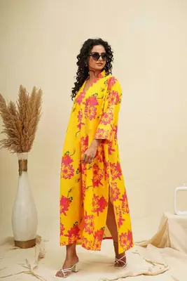 Yellow pink kaftan style shirt dress 2