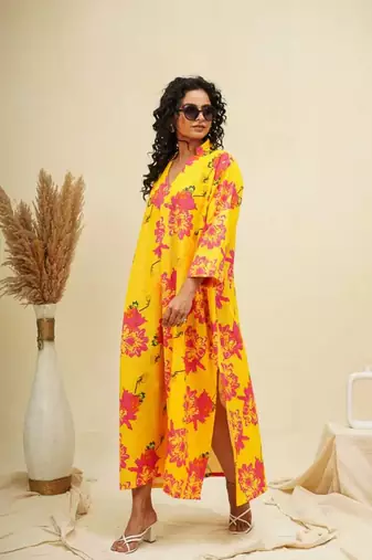 Yellow pink kaftan style shirt dress