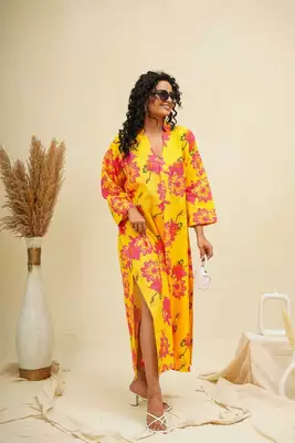 Yellow pink kaftan style shirt dress 4