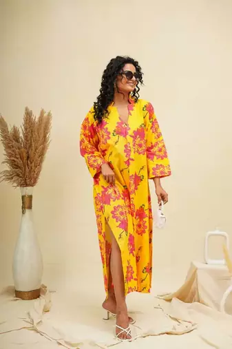 Yellow pink kaftan style shirt dress