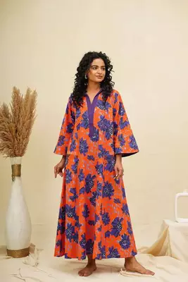 Purple orange kaftan style shirt dress 1