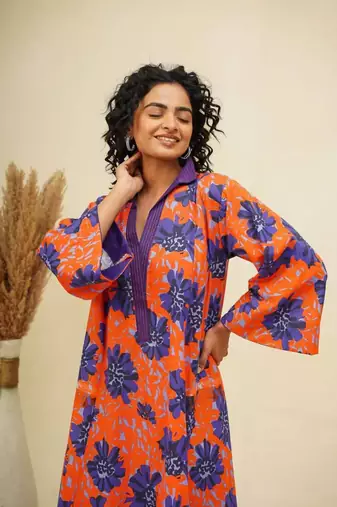 Purple orange kaftan style shirt dress