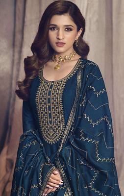 Blue Embroidered Art Silk Semi-Anarkali Suit 2