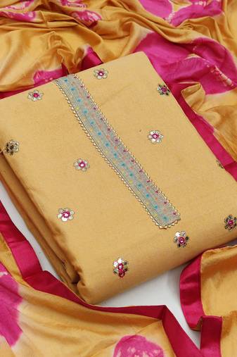 Yellow color thread work work cotton unstitched chudidar dress material - mrfc11081d