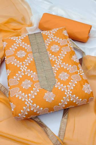Orange color embroidered work glaze cotton semi stiched chudidar dress material - mrnaz5104