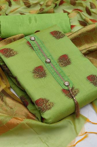 Green color weaving work banarasi jacquard unstitched chudidar dress material - mrfc11083b