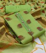 Green color weaving work banarasi jacquard unstitched chudidar dress material 