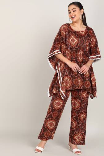 Vahson women's floral printed kaftan suit set dress brown