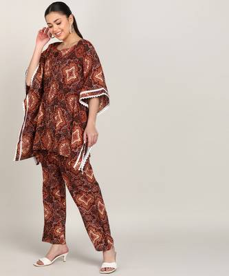 Vahson women's floral printed kaftan suit set dress brown 2