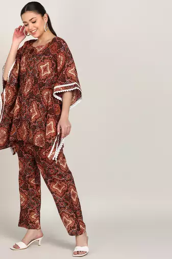 Vahson women's floral printed kaftan suit set dress brown
