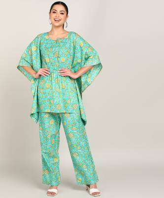 Vahson women's floral printed kaftan suit set dress green 1