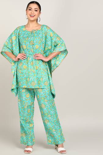 Vahson women's floral printed kaftan suit set dress green