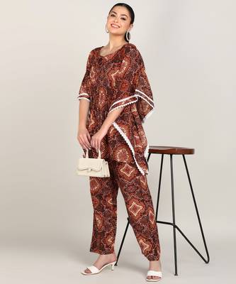 Vahson women's floral printed kaftan suit set dress brown 3