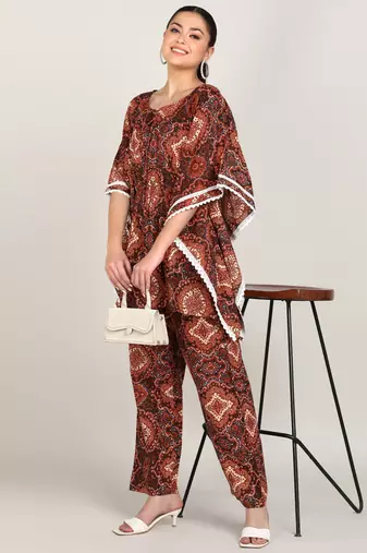 Vahson women's floral printed kaftan suit set dress brown