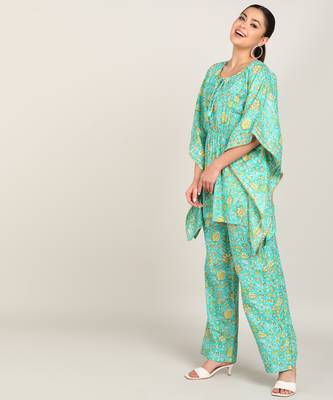 Vahson women's floral printed kaftan suit set dress green 2