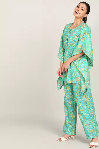 Vahson women's floral printed kaftan suit set dress green