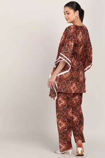 Vahson women's floral printed kaftan suit set dress brown