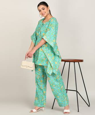 Vahson women's floral printed kaftan suit set dress green 3