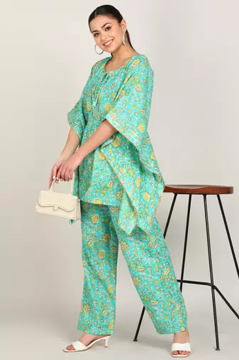 Vahson women's floral printed kaftan suit set dress green