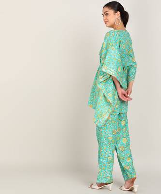 Vahson women's floral printed kaftan suit set dress green 4