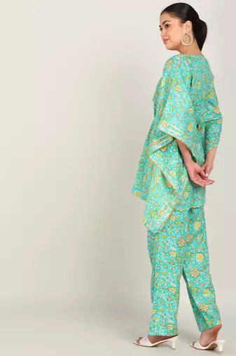 Vahson women's floral printed kaftan suit set dress green