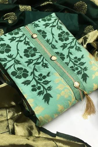Light green color weaving work banarasi jacquard unstitched chudidar dress material - mrfc11001d