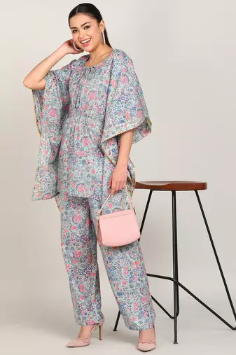 s floral printed kaftan suit set dress sea green