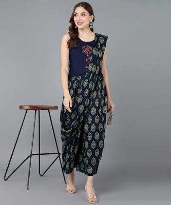 Vahson indo western printed regular slim fit sleeveless rayon blue palazzo pant one minute saree 1