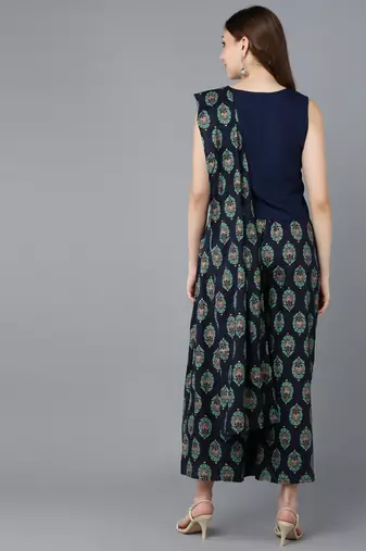 Vahson indo western printed regular slim fit sleeveless rayon blue palazzo pant one minute saree