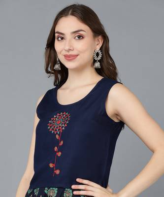 Vahson indo western printed regular slim fit sleeveless rayon blue palazzo pant one minute saree 3