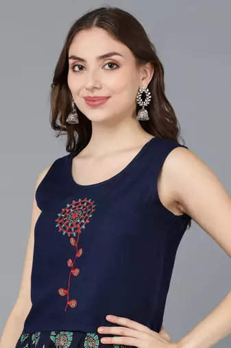 Vahson indo western printed regular slim fit sleeveless rayon blue palazzo pant one minute saree