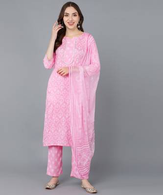 s cotton rayon blend kurta with palazzo & dupatta set pink 1