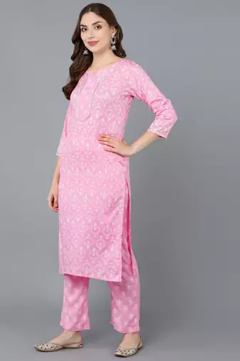 s cotton rayon blend kurta with palazzo & dupatta set pink