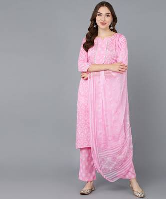s cotton rayon blend kurta with palazzo & dupatta set pink 3