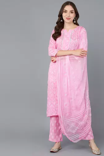 s cotton rayon blend kurta with palazzo & dupatta set pink