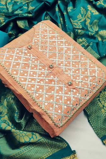 Peach color handwork work cotton unstitched chudidar dress material - mrfc11004b