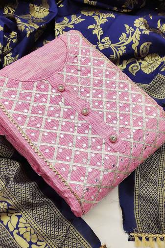 Pink color handwork work cotton unstitched chudidar dress material - mrfc11004c