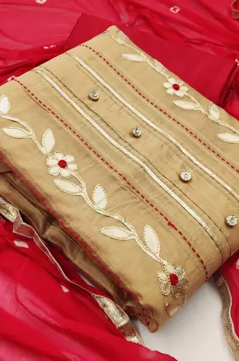 Beige color handwork work modal chanderi unstitched chudidar dress material - mrfc11019a