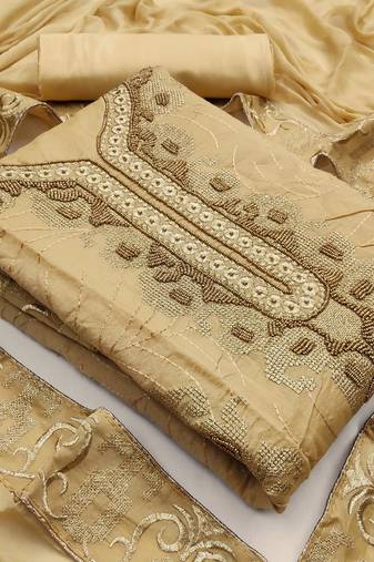 Beige color handwork work modal chanderi unstitched chudidar dress material - mrfc11023d