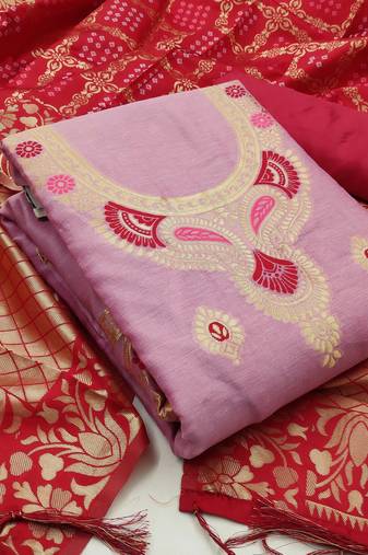 Light pink color weaving work banarasi jacquard unstitched chudidar dress material - mrfc11026c
