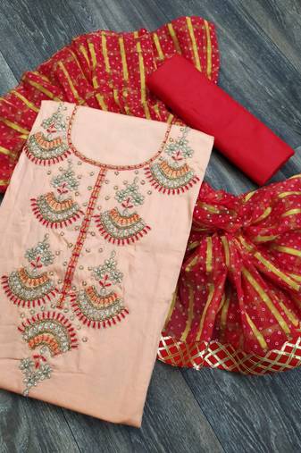 Baby pink color handwork work glass cotton unstitched chudidar dress material - mrfc11031d